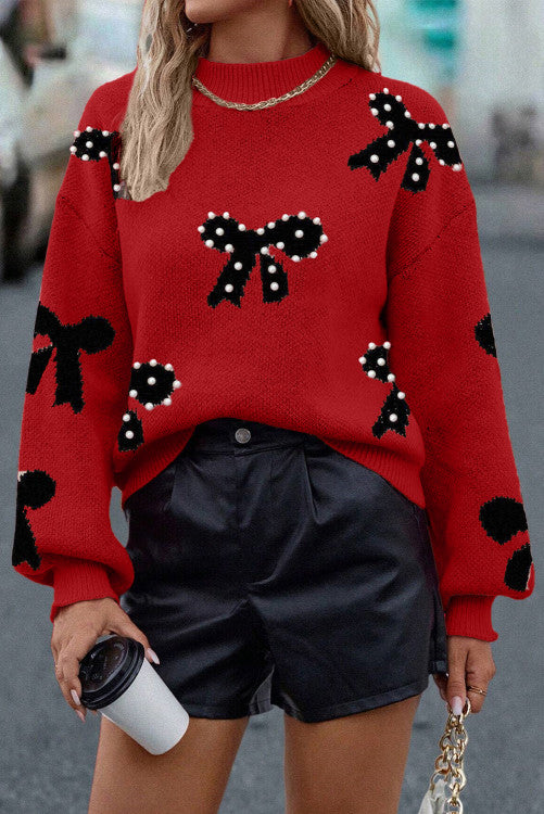 šµšš Racing Red Pearl Embellished Bow Pattern Loose Sweater