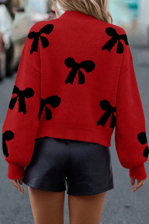 šµšš Racing Red Pearl Embellished Bow Pattern Loose Sweater