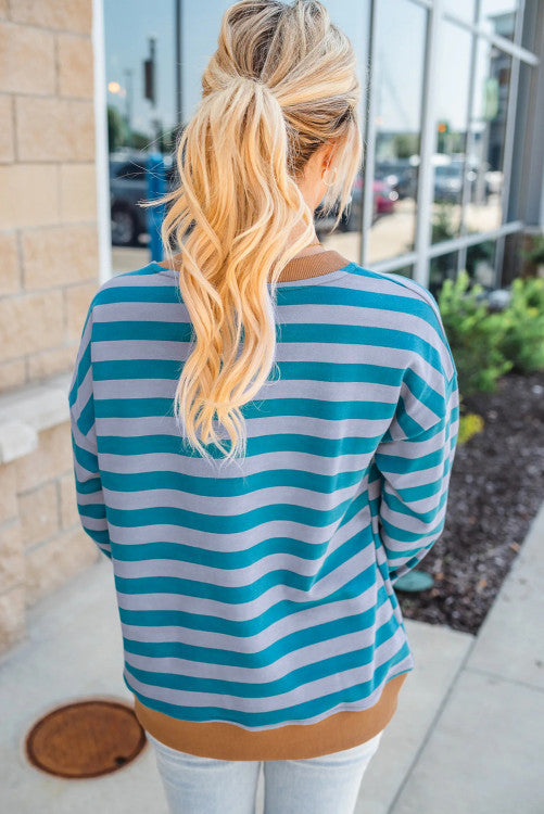 šµšš Sky Blue Stripe Contrast Color Ribbed Trim Round Neck Drop Shoulder Sweatshirt