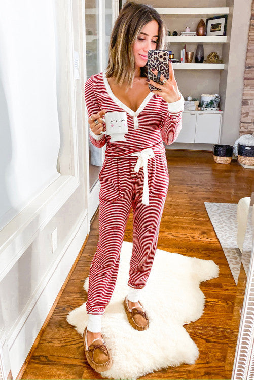ššš° Red Stripe Buttoned V Neck Top and Knotted Waist Pants Lounge Set
