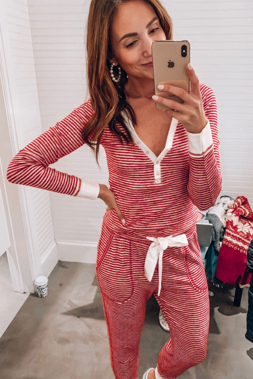 ššš° Red Stripe Buttoned V Neck Top and Knotted Waist Pants Lounge Set