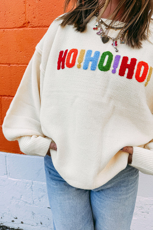 ššš° White HOHOHO MERRY CHRISTMAS Chenille Graphic Drop Shoulder Holiday Sweater