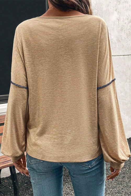 Sail Blue Exposed Stitching Colorblock V Neck Long Sleeve Top