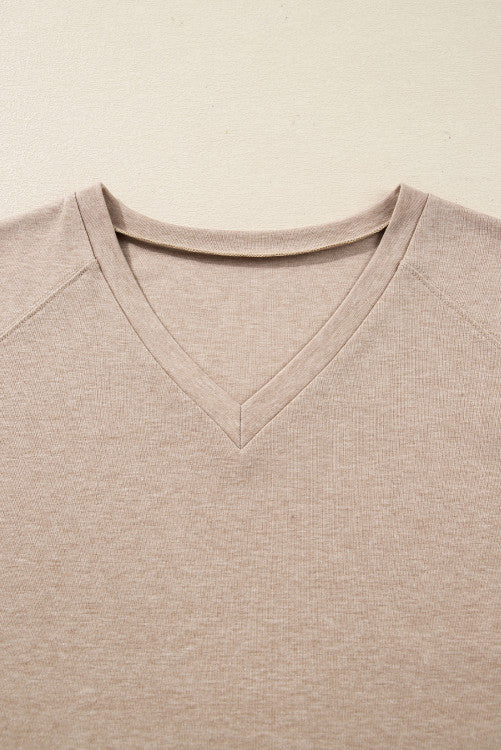 Oatmeal V Neck Contrast Lace Patchwork Long Sleeve Top