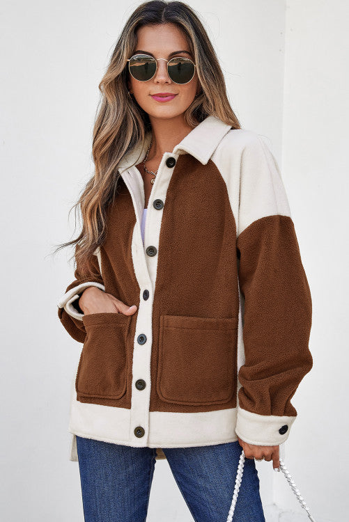 ššš° Brown Color Block Patchwork Button Down Fleece Shacket
