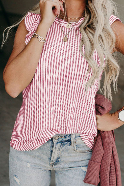 Pink Khaki Striped Crew Neck Ruffled Tank Top