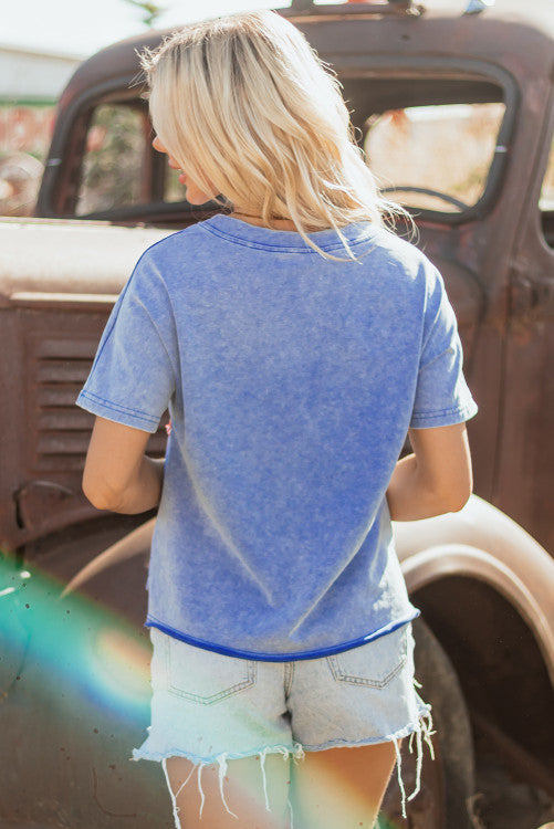 Sky Blue USA Patch Mineral Wash Notch V Neck Vintage Graphic T Shirt