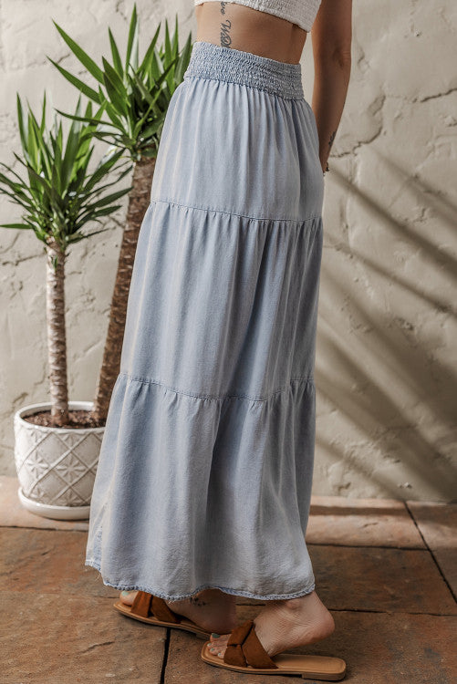 Blue Tiered Smocked High Waist Denim Maxi Skirt