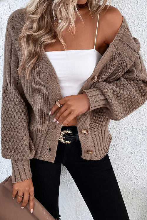 Goat Mixed Texture Knit Button V Neck Sweater Cardigan