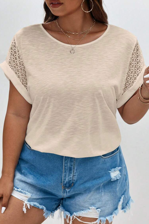 šš®š«šÆš² Parchment Lace Patchwork Short Sleeve Round Neck Plus Size Summer Top
