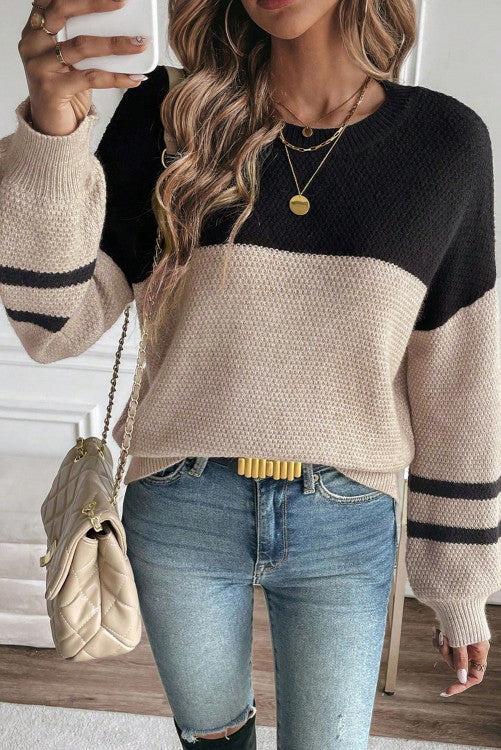 Parchment Color Block Knit Striped Sleeve Detail Casual Sweater
