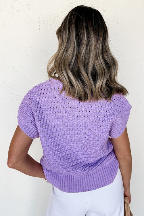 Lavender knit Ribbed Trim Short Sleeve Sweater