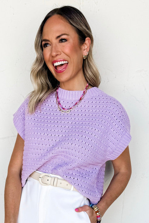 Lavender knit Ribbed Trim Short Sleeve Sweater