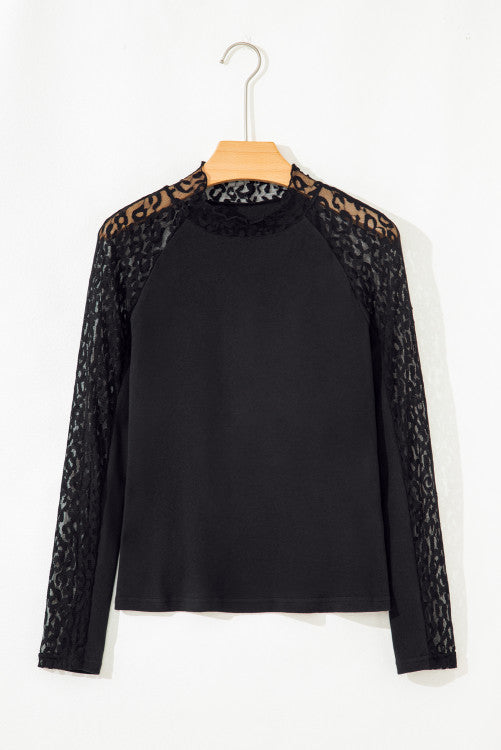 Black Leopard Mesh Patchwork Knit Long Sleeve Top