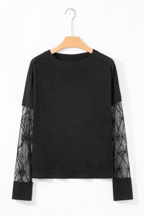 Black Solid Color Bow Textured Long Sleeve Tee