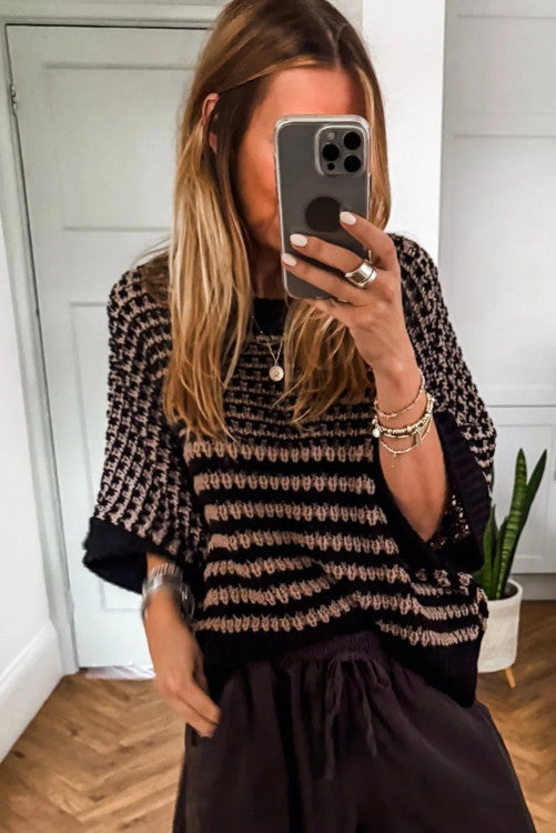 Black Stripe 3/4 Draped Sleeve Slouchy Sweater