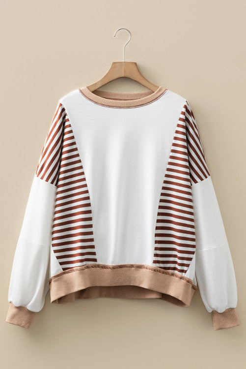 Brown Stripe Colorblock Patchwork Contrast Stitching Oversize Sweatshirt