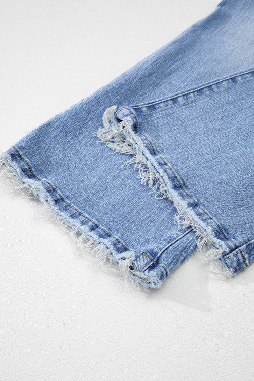 Blue Mineral Wash Raw Hem High Waist Flared Jeans