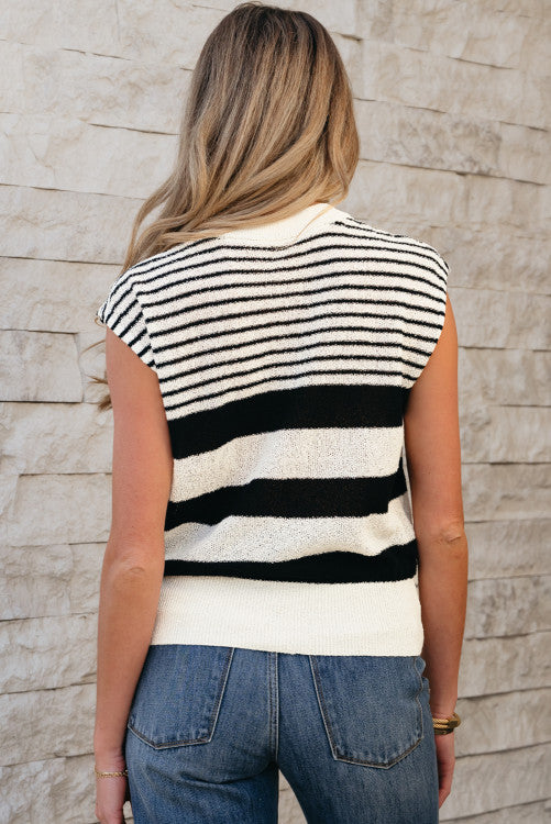 Black white Striped O Neck Sweater top