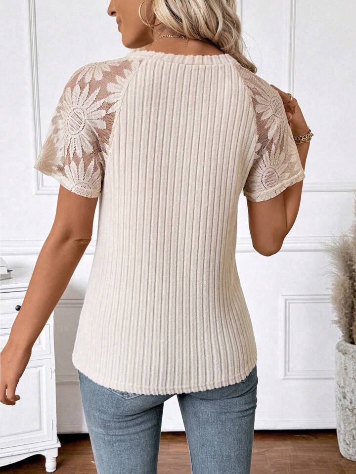 Apricot casual knit top with lace