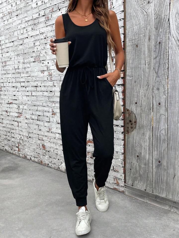 black sleeveless jumpsuit