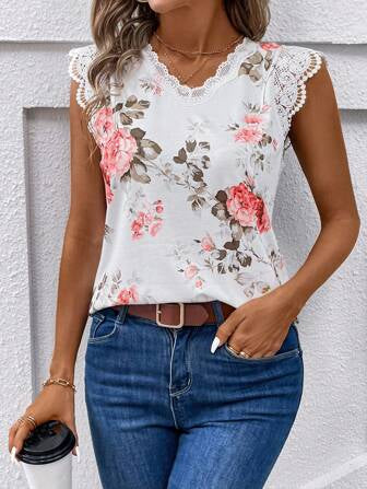 White floral lace short sleeve top