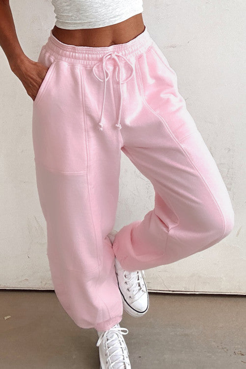 Light Pink Drawstring Waist Patchwork Solid Color Jogger Pants