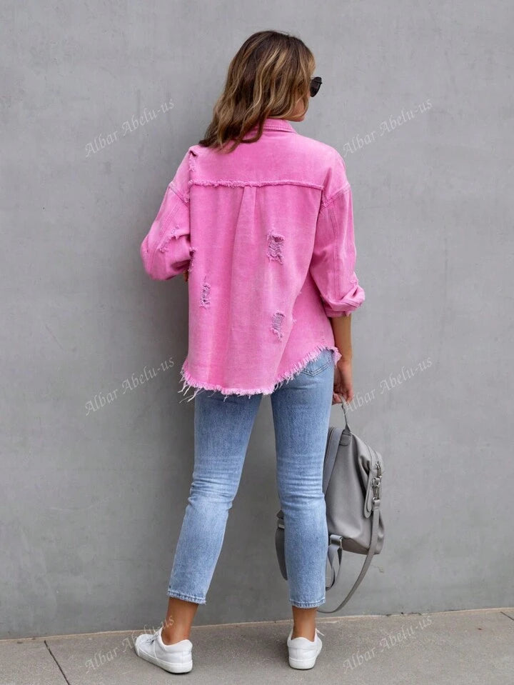 pink distressed jacket