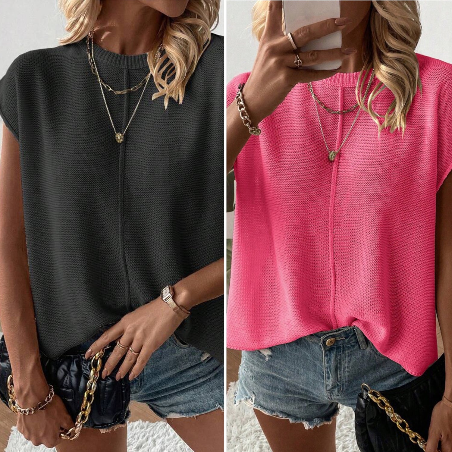 short sleeve pink/black sweater top