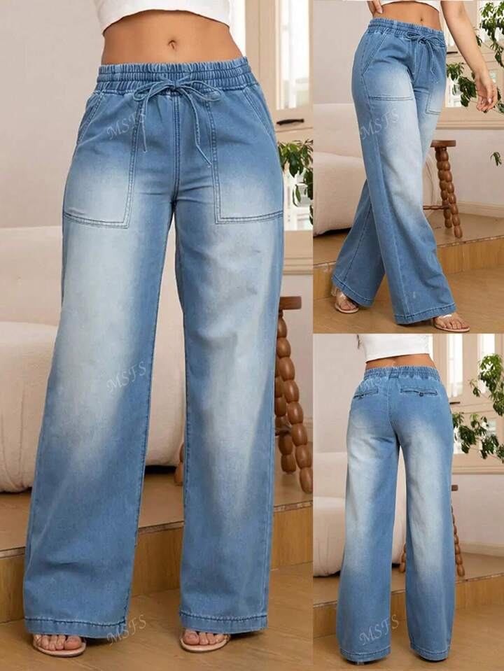 Light wash drawstring wide leg