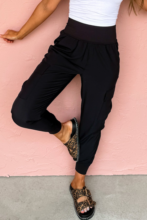 Black Elastic High Waist Pocketed Cargo Jogger Pants