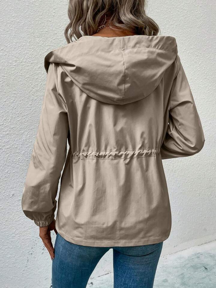 Solid khaki drawstring hooded fall/spring jacket