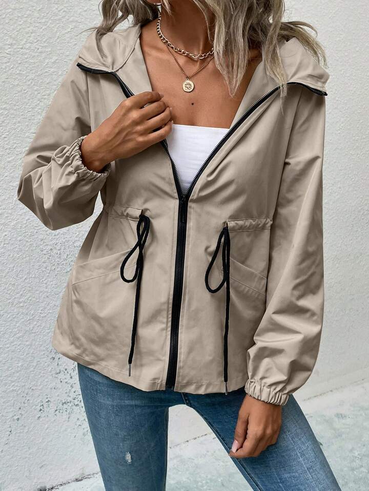 Solid khaki drawstring hooded fall/spring jacket