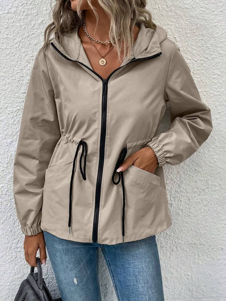 Solid khaki drawstring hooded fall/spring jacket