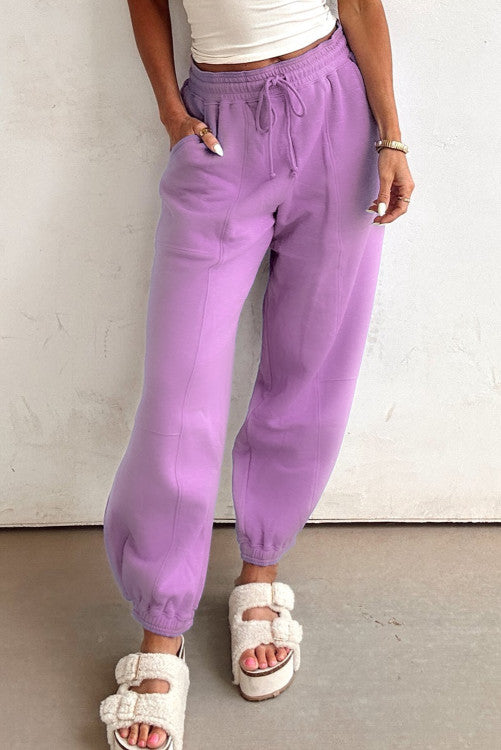 Lilac Drawstring Waist Patchwork Solid Color Jogger Pants
