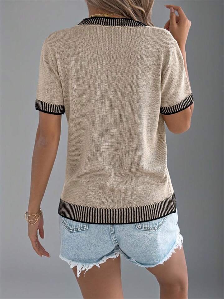 Khaki sweater top w/ stripe outline