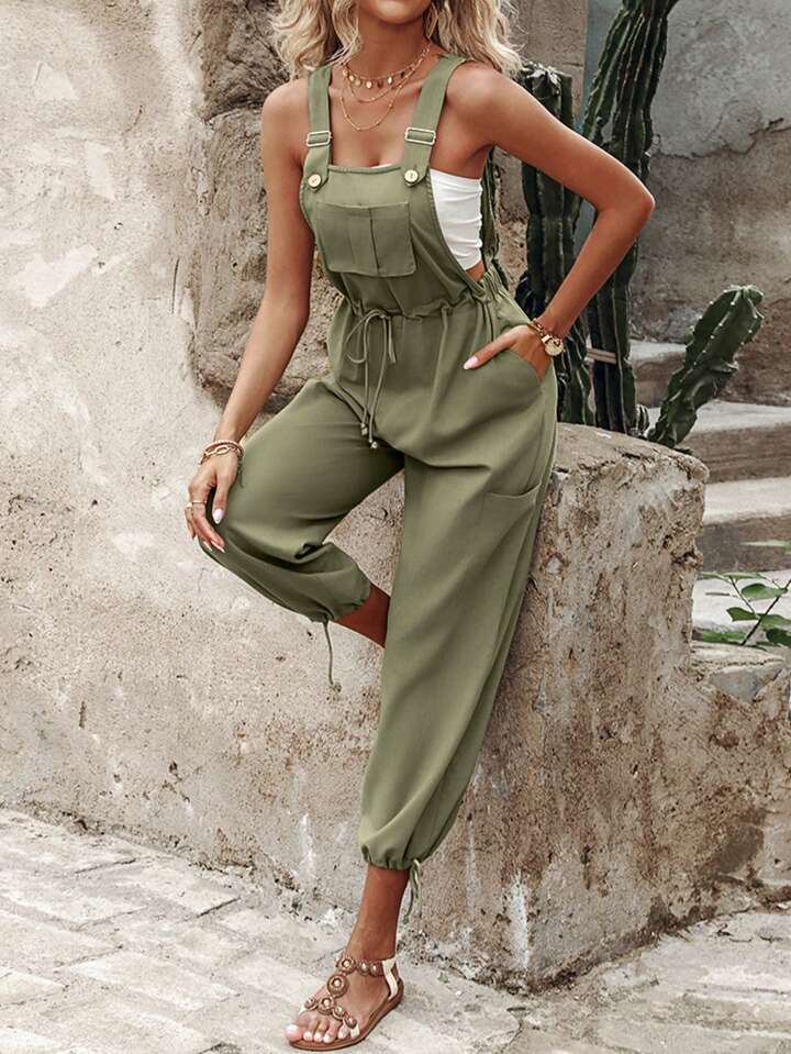 Pocket Design Drawstring Suspender Jumpsuit