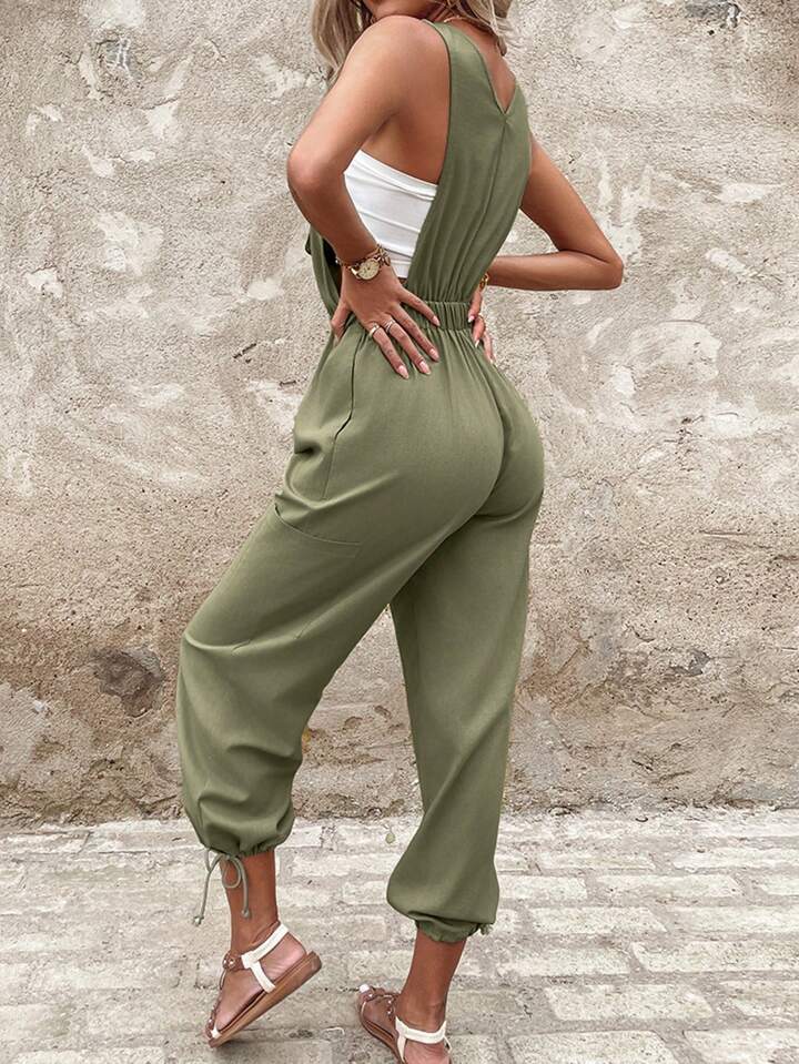 Pocket Design Drawstring Suspender Jumpsuit