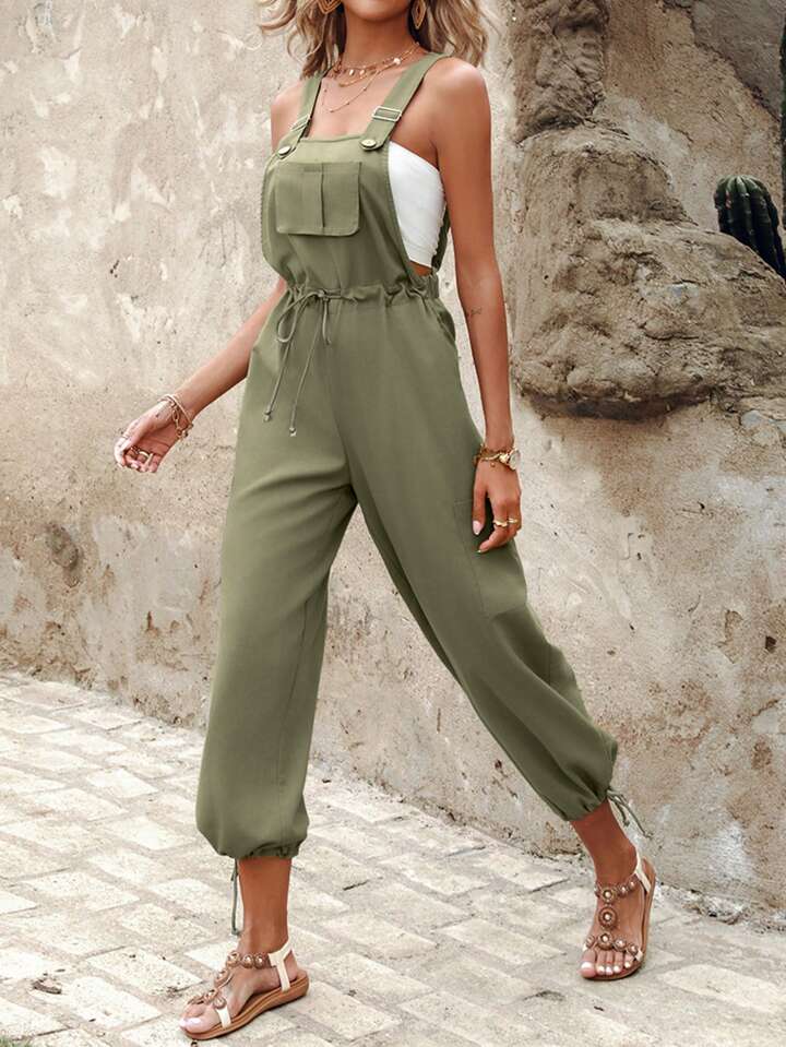Pocket Design Drawstring Suspender Jumpsuit