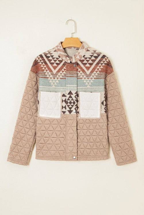 Light French Beige Aztec Quilted Patchwork Western Fashion Jacket