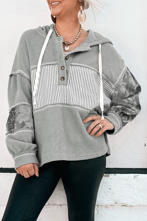 Gray Waffle Printed Patchwork Drawstring Hooded Long Sleeve