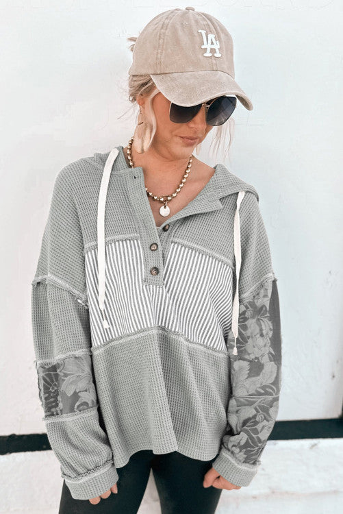 Gray Waffle Printed Patchwork Drawstring Hooded Long Sleeve