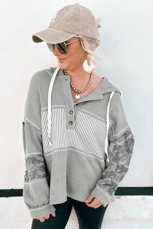 Gray Waffle Printed Patchwork Drawstring Hooded Long Sleeve