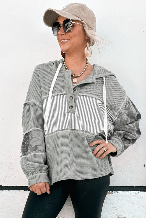 Gray Waffle Printed Patchwork Drawstring Hooded Long Sleeve