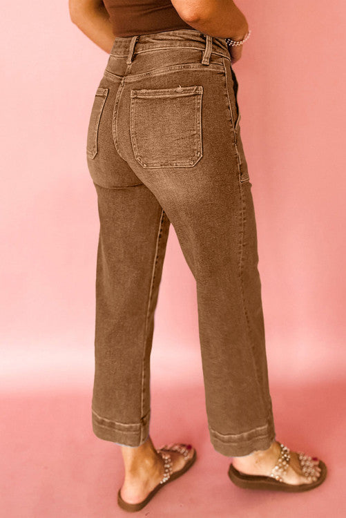 coffee Cropped High Rise Wide Leg Jeans