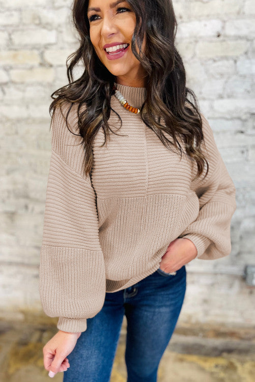 Mixed Texture Patchwork Knitted Puff Sleeve Sweater