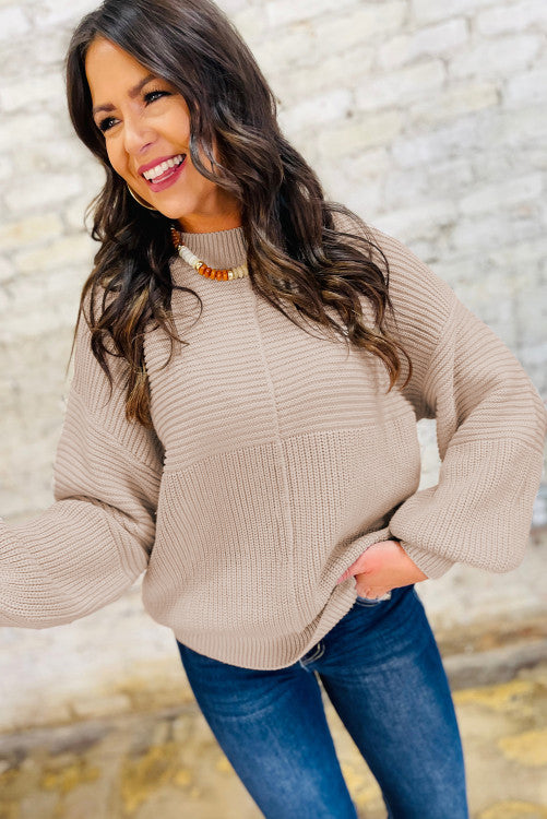 Mixed Texture Patchwork Knitted Puff Sleeve Sweater