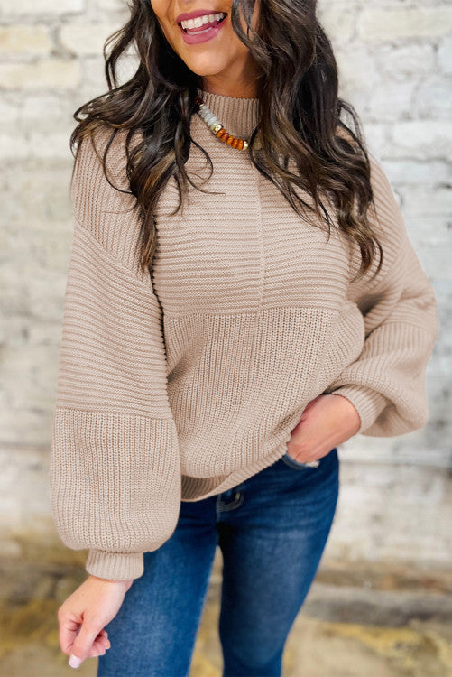 Mixed Texture Patchwork Knitted Puff Sleeve Sweater