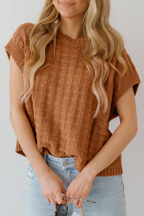 Camel Round Neck Textured Knit Sweater