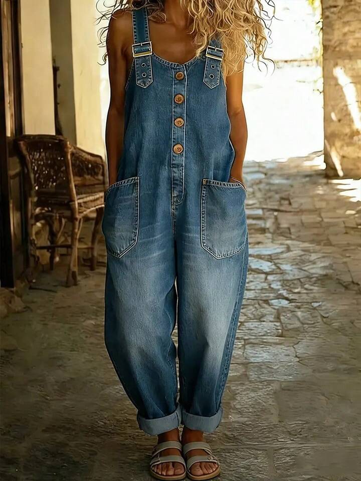 Oversized denim overalls (dark wash)
